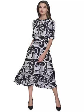 KARL LAGERFELD PARIS Geometric Print Midi Dress Short Sleeve Tiered Hem NWT Sz 2